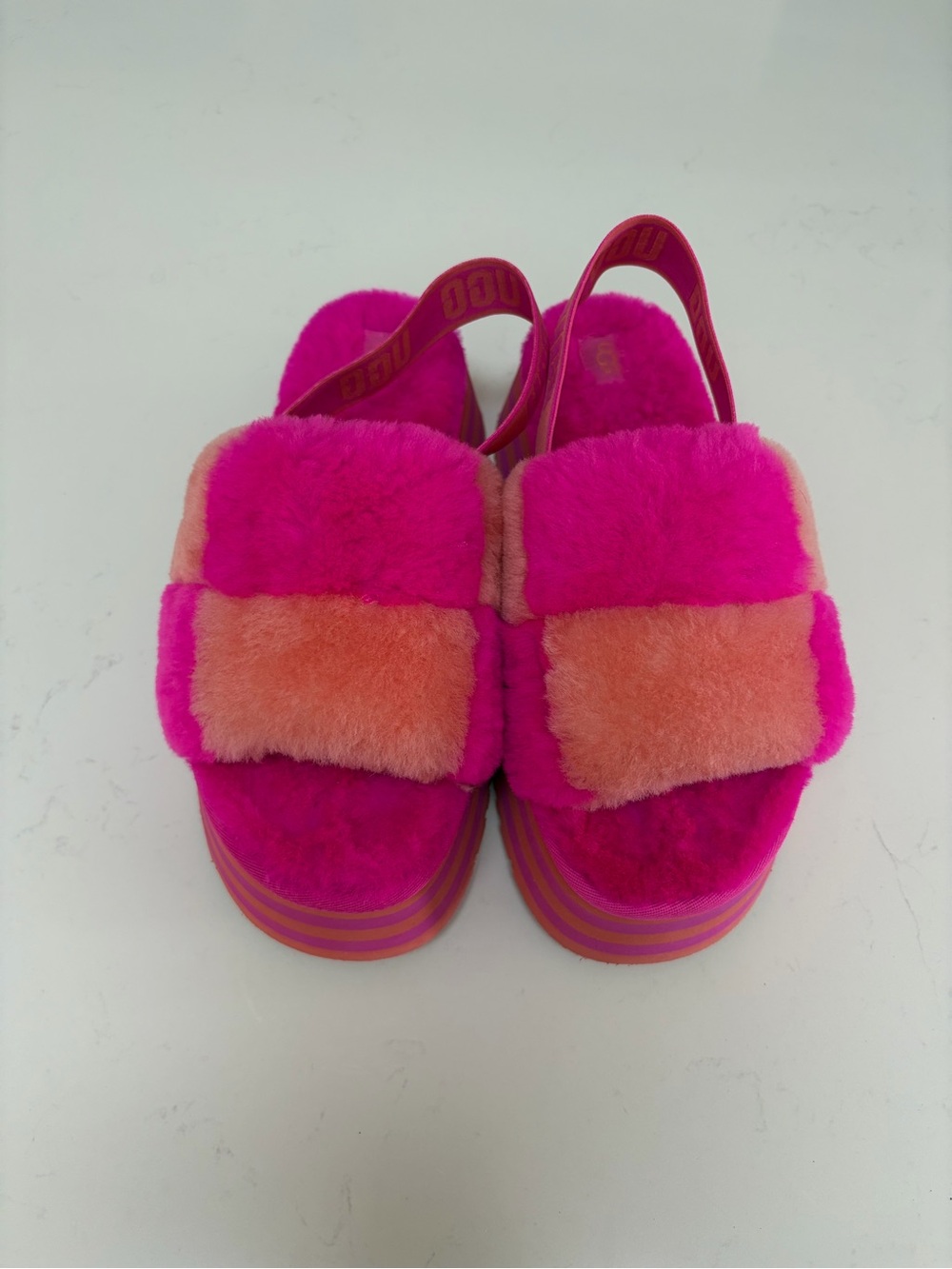 New Ugg Plush Slide Sandals in Bright Pink and Orange